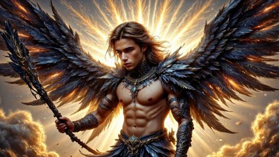 A winged man holds a spear before bright golden rays in the sky