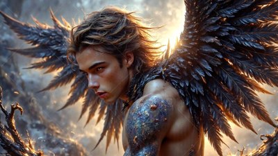 Turned in profile in a misty forest, a winged man with a bare chest spreads black feathered wings