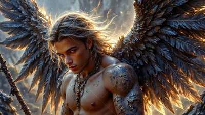 A shirtless man with long blond hair spreads large feathered wings in warm light