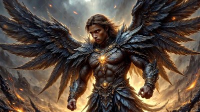 On a smoky battlefield, a muscular winged man stands in feathered armor