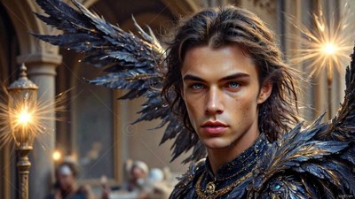 Looking forward, a winged man with dark feathers stands near bright street lamps