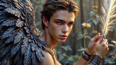 Young man with black wings holds a white feather in the woods