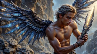 Broad black and blue wings spread behind a shirtless man holding a bright feather near rocky cliffs