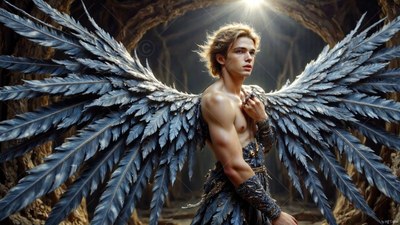 A winged man spreads large gray feather wings under bright sunlight above