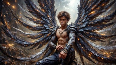 Seated outdoors, a shirtless man rests with wide black and silver wings spread behind him