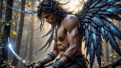 A winged shirtless man sits in the woods holding a shiny curved blade