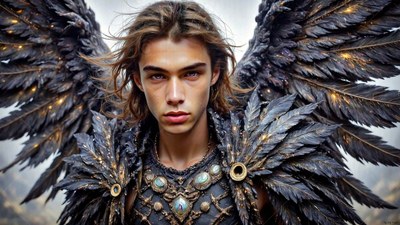 Under a pale sky, a young man with dark feathered wings wears black armor