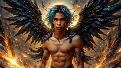 Spreading large black wings, a shirtless man with teal hair stands in bright light
