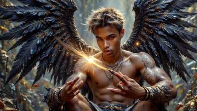 Man with black feathered wings holding a bright spark between his hands