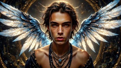 Beaded necklaces hang on a young winged man framed by bright silver feathers
