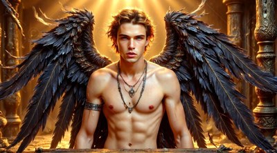 A shirtless man spreads black feathered wings under warm golden light