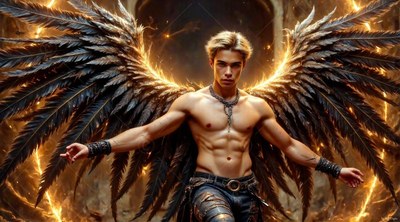 Facing forward, a bare-chested winged man stands before a golden ring of fire