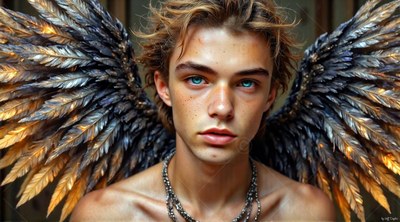 A shirtless young man with blue eyes looks forward with dark feathered wings behind him