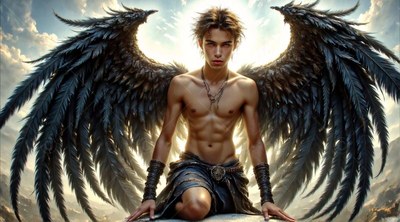 Kneeling with black wings of feathers spread, a shirtless young man looks forward
