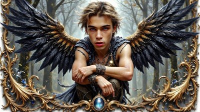 A young winged man crouching in a misty forest inside a gold frame