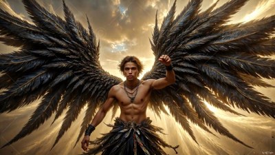 Bare-chested man with large black wings raises his fist before bright clouds and sunlight