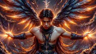 A winged man holds out fiery hands beneath dark feathers lit with orange flame