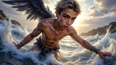 Crouching low in ocean waves, a winged young man reaches forward