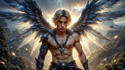 A shirtless blond man with silver-tipped wings stands before sunny hills