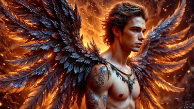 Before bright orange flames, a shirtless standing man with dark large feathered wings