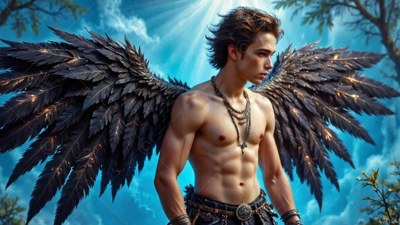 Standing under bright sunlight, a shirtless man spreads wide black feather wings