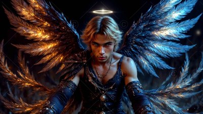 Blond man with wings with feathers and a bright halo above his head