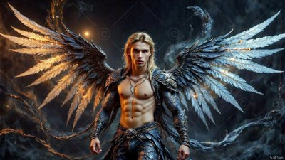 A shirtless man in dark armor spreads wide silver wings against black smoke