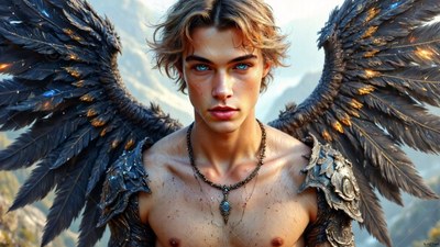 A winged man stares forward with his dark feathers tipped in golden sunlight