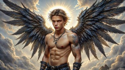 A winged man stands facing forward in bright clouds with black feathers spread out