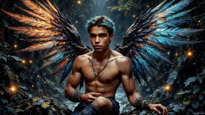 A shirtless man sits in a dark forest with blue and orange wings with feathers
