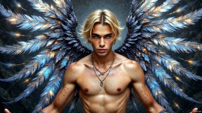 In the dark mist, a shirtless blond man stands with spread feathered wings