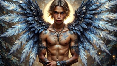 A shirtless blond man with silver-blue wings before a halo