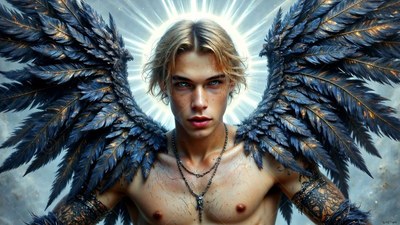 A shirtless blond man with feathered black wings stands before a bright white halo
