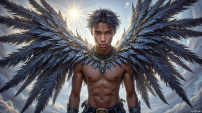 A winged man stands shirtless with dark feathers spread under bright sunlight