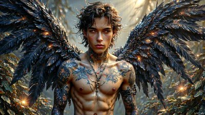 Facing forward in a leafy forest, a tattooed man spreads black wings with feathers