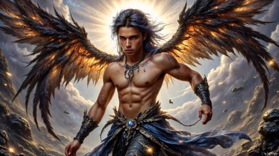 A shirtless man spreads black wings of feathers under a bright sun