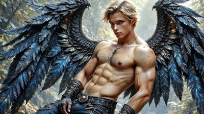 In a rocky forest, a shirtless blond man poses with large black wings of feathers