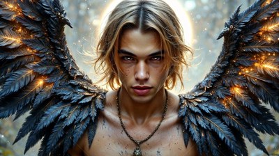 Staring ahead, a blond man spreads dark large feathered wings tipped with golden light
