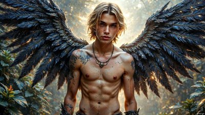 A shirtless blond winged man with black feathers stands in a sunlit forest