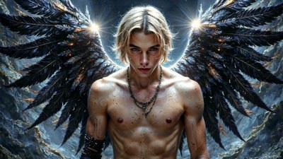 Blond hair frames the face of a shirtless winged man in a rocky cavern canyon