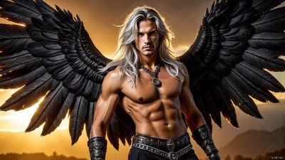 A shirtless man with dark wings stands before a pale sunset sky