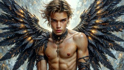 Facing front in pale mist, a shirtless young man spreads black wings