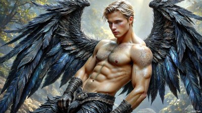 A shirtless blond man with black large feathered wings rests in sunny woods