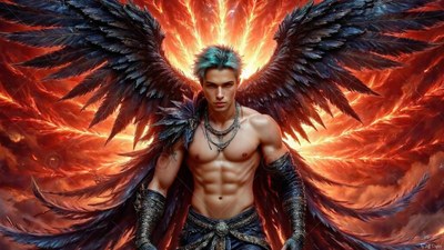 Before bright orange flames, a shirtless man stands with large black wings outstretched