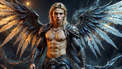 Spreading feathery wings, a shirtless blond man stands in dark armored sleeves and pants