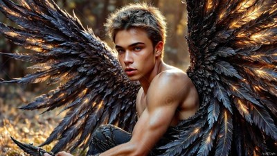 A shirtless young man with large black full feathered wings sits outdoors