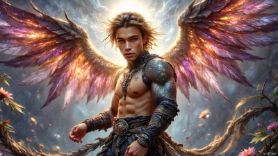 A bare-chested winged man with metal arm armor stands outside in a misty sky