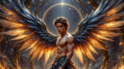 A bare-chested winged man spreads wide feathers tipped in warm golden light