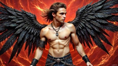 A shirtless man with black wings stands half turned before bright flames