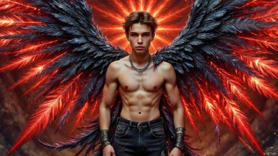 A shirtless man with large black and red wings stands against bright red light